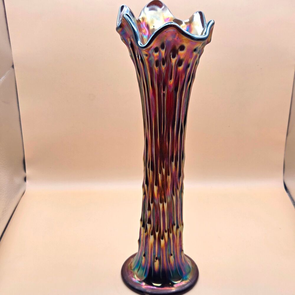 Iridescent Art Glass Ruffled Trumpet Vase Glossy Purple Multicolor 11"